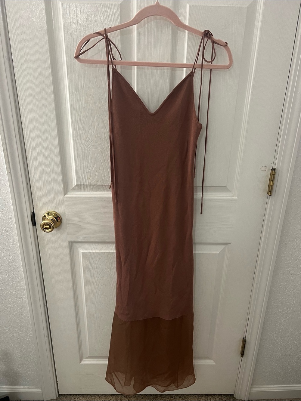ZARA Tie-Shoulder V-Neck Slip Dress in Brown